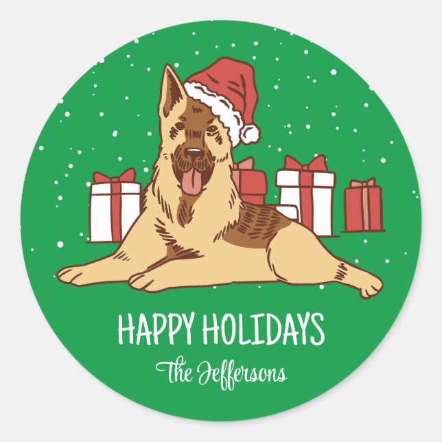 German Shepherd Christmas Dog Snowy Winter Holiday Classic Round Sticker (Front)