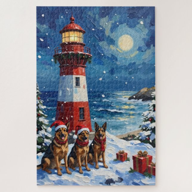 German Shepherd Christmas Lighthouse Holiday Jigsaw Puzzle (Vertical)