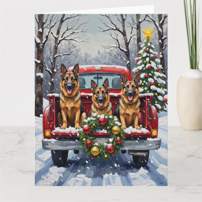 German Shepherd Christmas Red Truck Holiday Card (Front)
