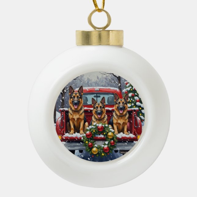 German Shepherd Christmas Red Truck Holiday Ceramic Ball Christmas Ornament (Front)