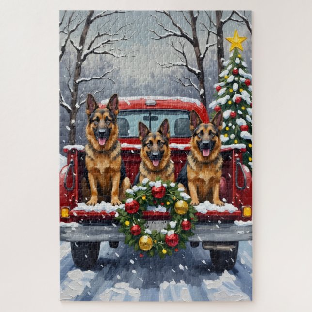German Shepherd Christmas Red Truck Holiday Jigsaw Puzzle (Vertical)