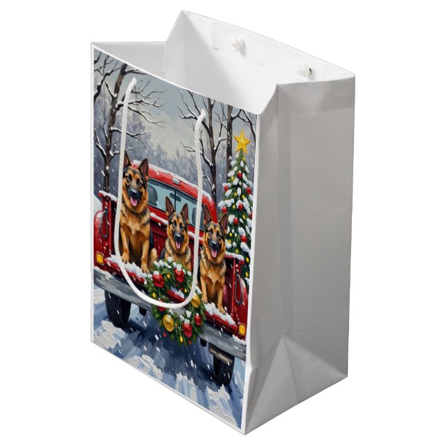 German Shepherd Christmas Red Truck Holiday Medium Gift Bag (Front Angled)