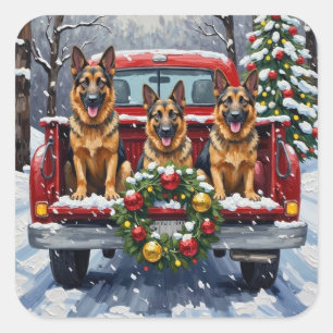 German Shepherd Christmas Red Truck Holiday Square Sticker