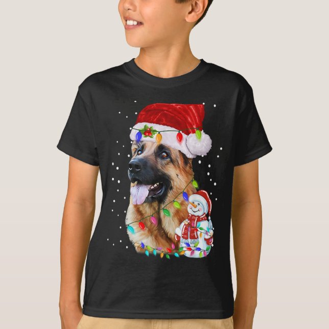 German Shepherd Christmas Santa Hat Xmas Lights Do T-Shirt (Front)