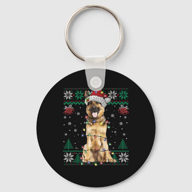 German Shepherd Christmas Santa Ugly Sweater Dog L Key Ring (Front)