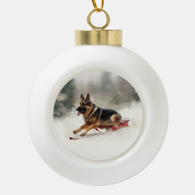 German Shepherd Christmas snow winter  Ceramic Ball Christmas Ornament (Front)