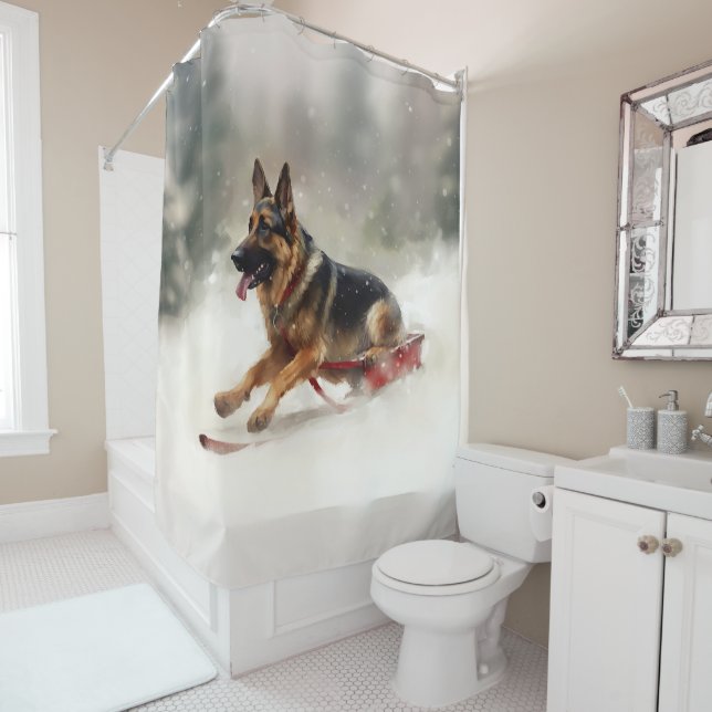 German Shepherd Christmas snow winter  Shower Curtain (In Situ)