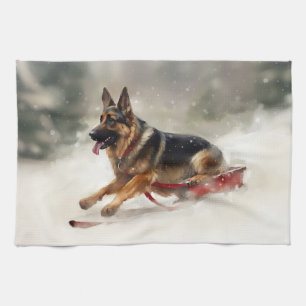 German Shepherd Christmas snow winter  Tea Towel