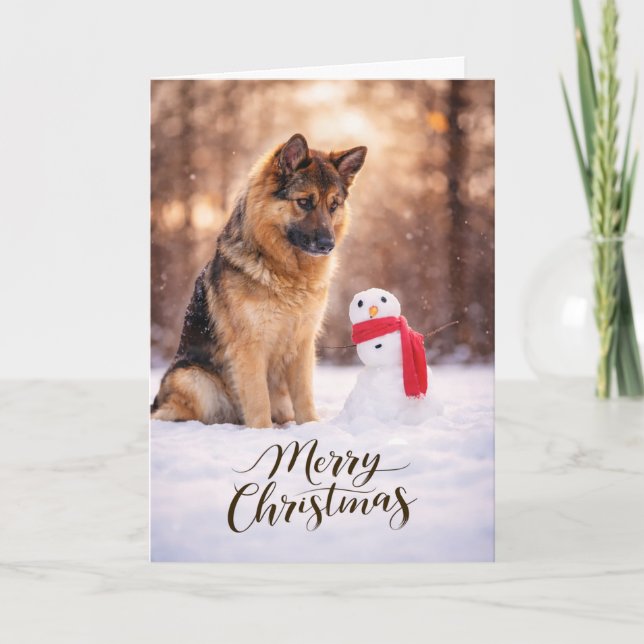 German Shepherd Christmas Snowman Holiday Card (Front)