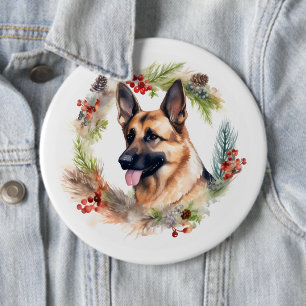 German Shepherd Christmas Wreath Festive Pup  6 Cm Round Badge