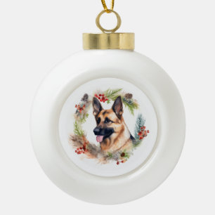 German Shepherd Christmas Wreath Festive Pup  Ceramic Ball Christmas Ornament