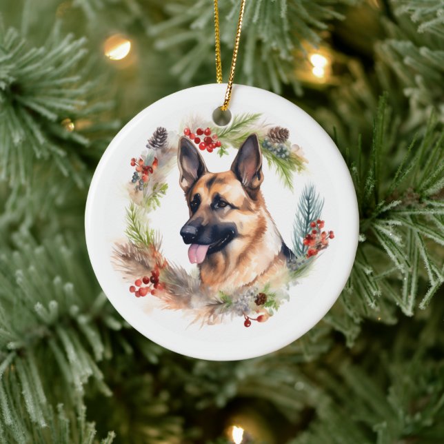 German Shepherd Christmas Wreath Festive Pup  Ceramic Tree Decoration (Tree)