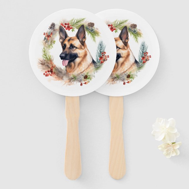 German Shepherd Christmas Wreath Festive Pup  Hand Fan (Front and Back)