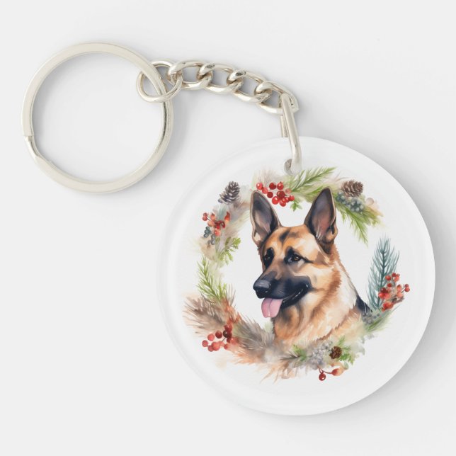 German Shepherd Christmas Wreath Festive Pup  Key Ring (Front)