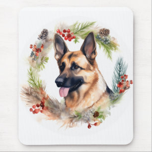 German Shepherd Christmas Wreath Festive Pup Mouse Mat