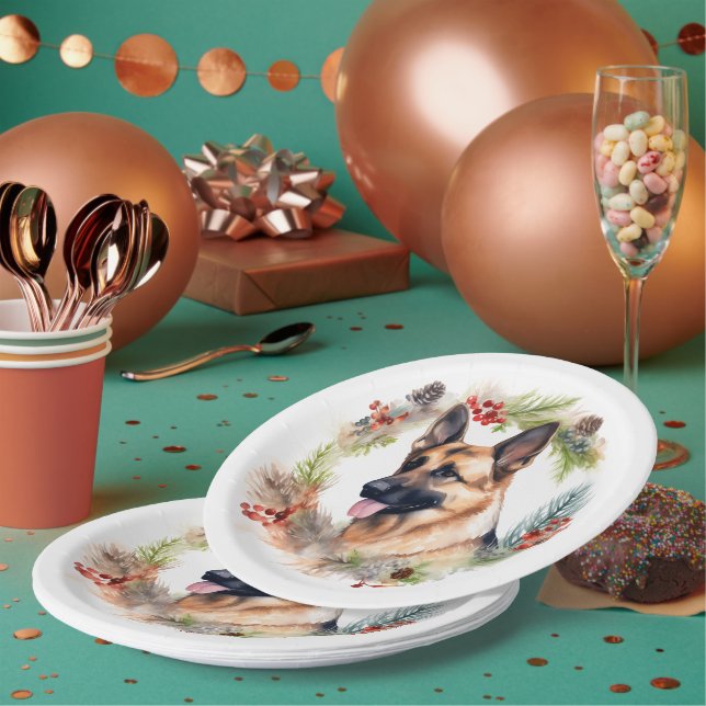 German Shepherd Christmas Wreath Festive Pup  Paper Plate (Multi)