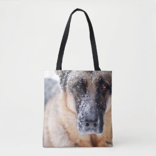 German Shepherd Closeup Covered In Snow Tote Bag