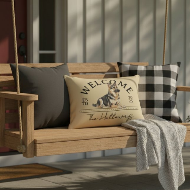 German Shepherd Custom Family Name Welcome Decorative Cushion (Welcome guests to your home with this German Shepherd Custom Family Name Welcome Throw Pillow!)