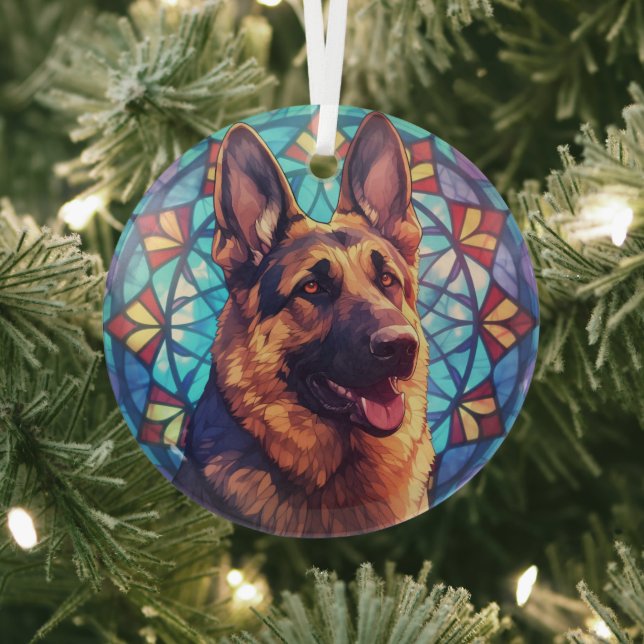 German Shepherd Dog 2 Stained Glass Tree Decoration (Insitu)
