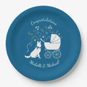 German Shepherd Dog Baby Shower Blue Boy Paper Plate