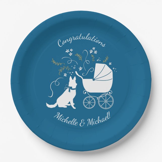 German Shepherd Dog Baby Shower Blue Boy Paper Plate (Front)