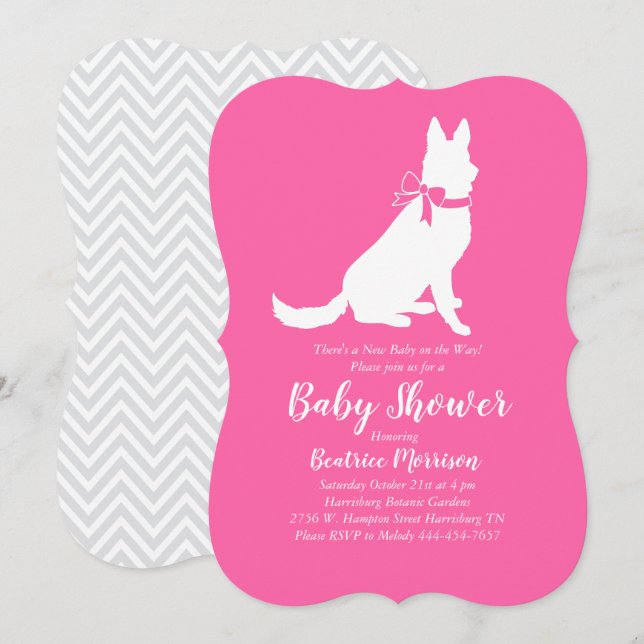 German Shepherd Dog Baby Shower French Pink Girl Invitation (Front/Back)