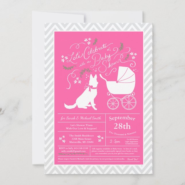 German Shepherd Dog Baby Shower French Pink Girl Invitation (Front)