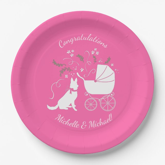 German Shepherd Dog Baby Shower Pink Girl Paper Plate (Front)