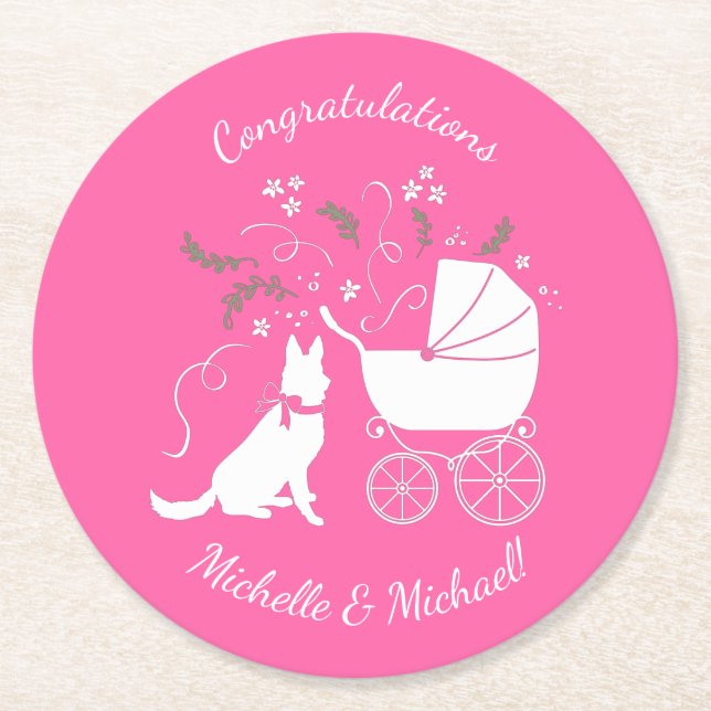 German Shepherd Dog Baby Shower Pink Girl Round Paper Coaster (Front)