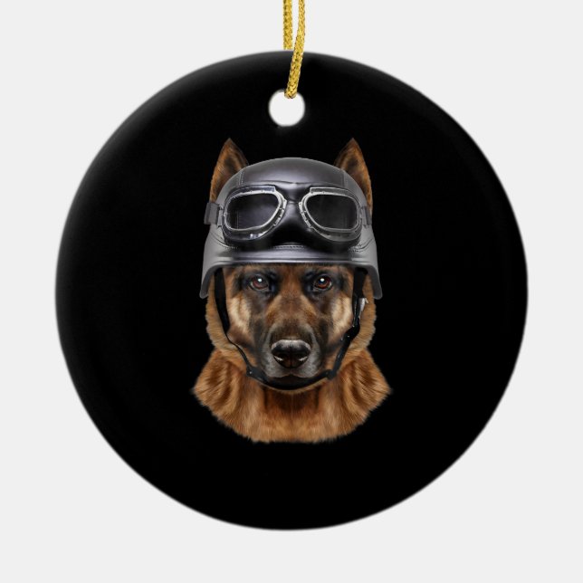 German Shepherd Dog, Biker In Motorcycle Helmet Ceramic Tree Decoration (Front)