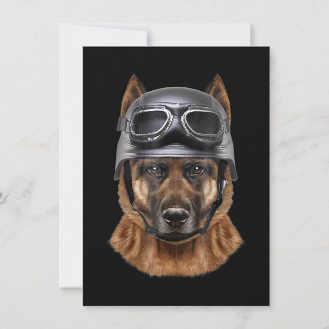 German Shepherd Dog, Biker In Motorcycle Helmet Invitation (Front)
