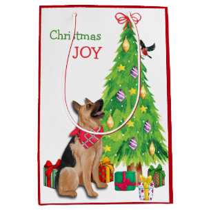 German Shepherd Dog, Bird, and Christmas Tree Medium Gift Bag