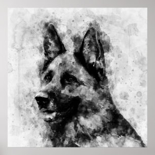 German Shepherd Dog Black and White Watercolor Poster