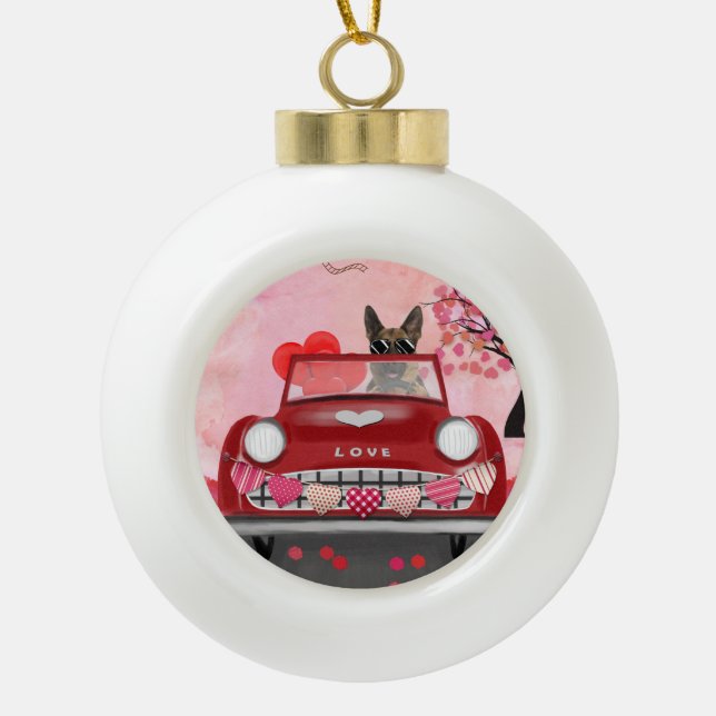 German Shepherd Dog Car with Hearts Valentine's Ceramic Ball Christmas Ornament (Front)