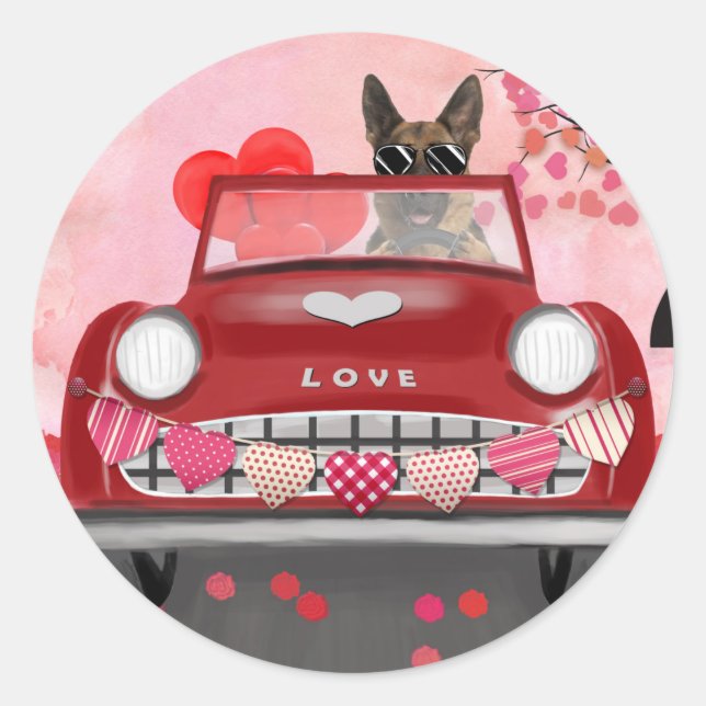 German Shepherd Dog Car with Hearts Valentine's  Classic Round Sticker (Front)