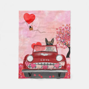 German Shepherd Dog Car with Hearts Valentine's  Fleece Blanket