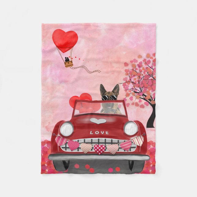 German Shepherd Dog Car with Hearts Valentine's  Fleece Blanket (Front)