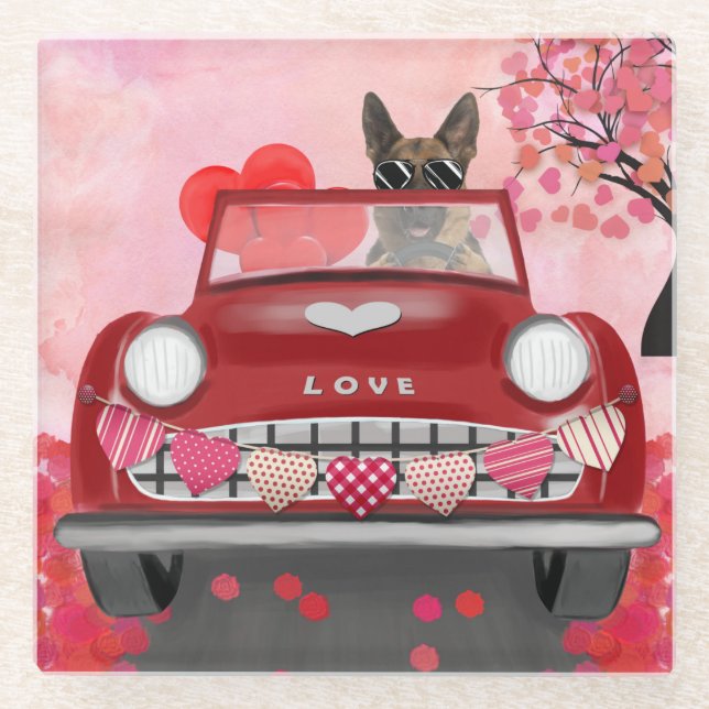 German Shepherd Dog Car with Hearts Valentine's  Glass Coaster (Front)