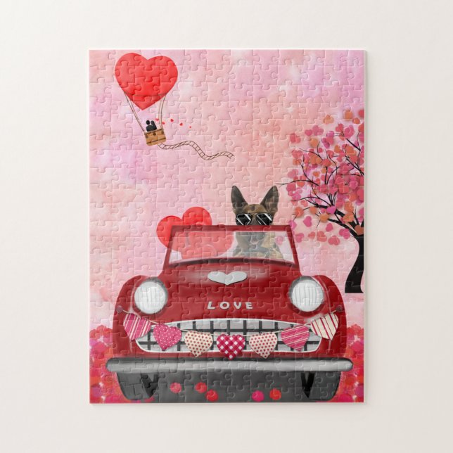 German Shepherd Dog Car with Hearts Valentine's Jigsaw Puzzle (Vertical)