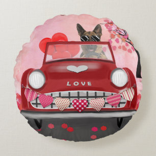 German Shepherd Dog Car with Hearts Valentine's   Round Cushion