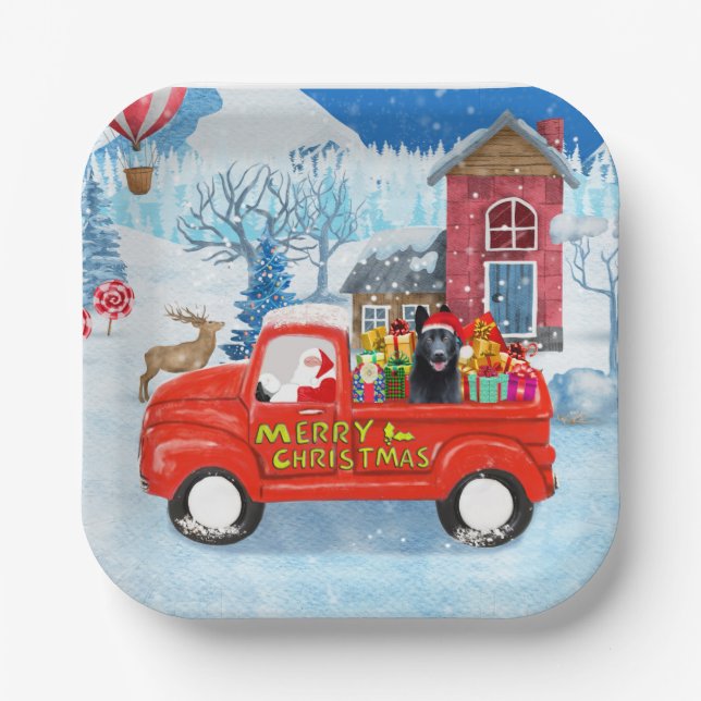 German Shepherd Dog Christmas Delivery Truck Snow Paper Plate (Front)
