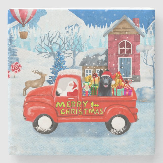 German Shepherd Dog Christmas Delivery Truck Snow  Stone Coaster (Front)