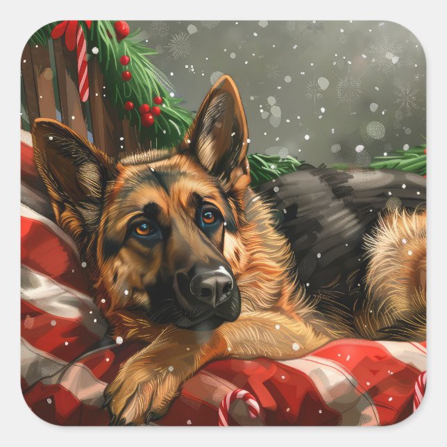 German Shepherd Dog Christmas Festive Square Sticker (Front)
