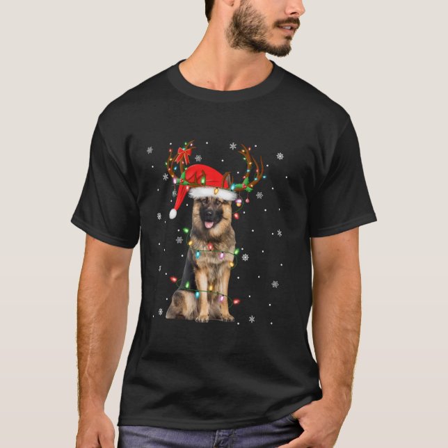 German Shepherd Dog Christmas Lights Reindeer Sant T-Shirt (Front)