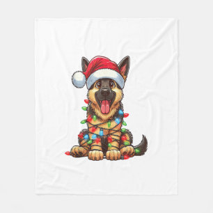 German Shepherd Dog Christmas Lights Santa Hat Xma Fleece Blanket