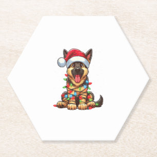 German Shepherd Dog Christmas Lights Santa Hat Xma Paper Coaster