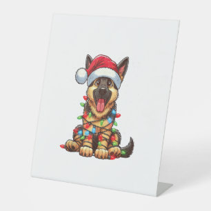 German Shepherd Dog Christmas Lights Santa Hat Xma Pedestal Sign
