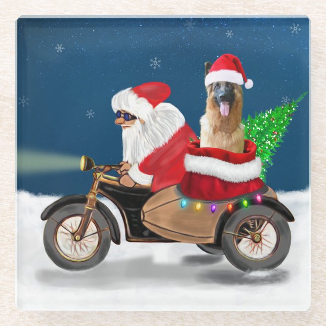 German Shepherd dog Christmas Santa Claus   Glass Coaster (Front)