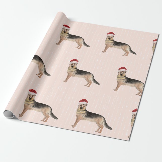 German Shepherd Dog Christmas Santa Hat Wrapping Paper (Unrolled)