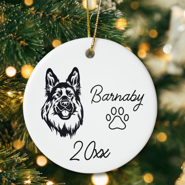German Shepherd Dog Custom Name & Year Line Art Ceramic Tree Decoration (German Shepherd Dog Custom Name and Year Ornament with Paw Print. Black and White Line Art Modern)